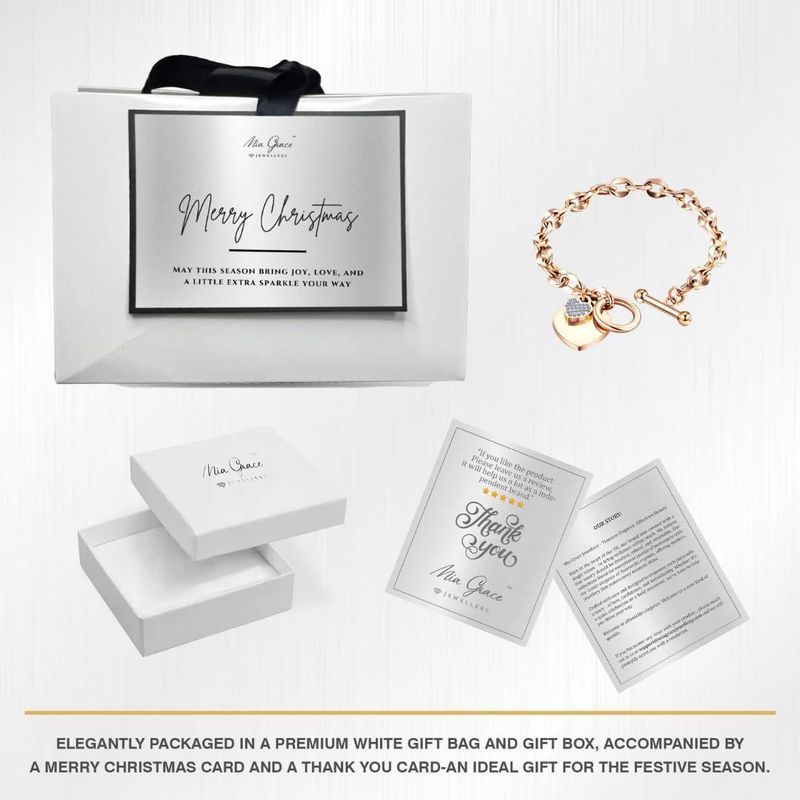 MGJ™ Austrian Crystal Heart Charm Toggle Bracelet for Women – Hypoallergenic Jewelry Gift in Silvery, Golden, or Rose Golden | Includes Premium White Gift Box, Bag & Christmas Card Festive Christmas Gift for Women Ladies, Wife, Her – Includes White Gift B