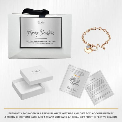 MGJ™ Austrian Crystal Heart Charm Toggle Bracelet for Women – Hypoallergenic Jewelry Gift in Silvery, Golden, or Rose Golden | Includes Premium White Gift Box, Bag & Christmas Card Festive Christmas Gift for Women Ladies, Wife, Her – Includes White Gift B