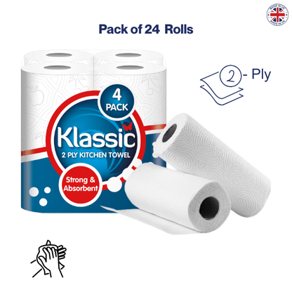 24 Kitchen Towel Rolls, Premium 2-Ply Super Absorbent Paper Towels, Strong Multipurpose Cleaning Rolls, Bulk Value Pack (6 Packs x 4 Rolls) for Home & Kitchen