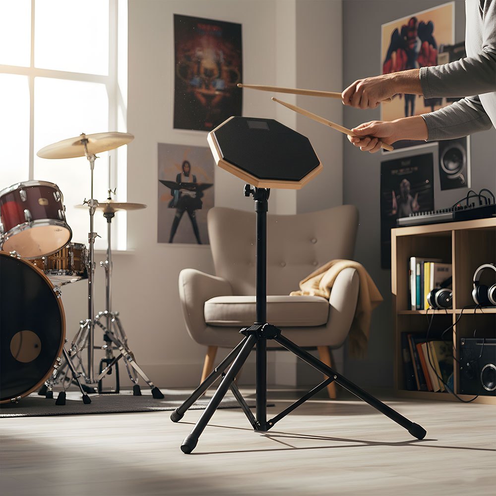Silent Drum Practice Pad Set, Height Adjustable 19-27 Inches, Double-Sided Pads, Drumhead-Friendly Design, Includes Drum Stand and Storage Bag, Drummer Training Kit Black