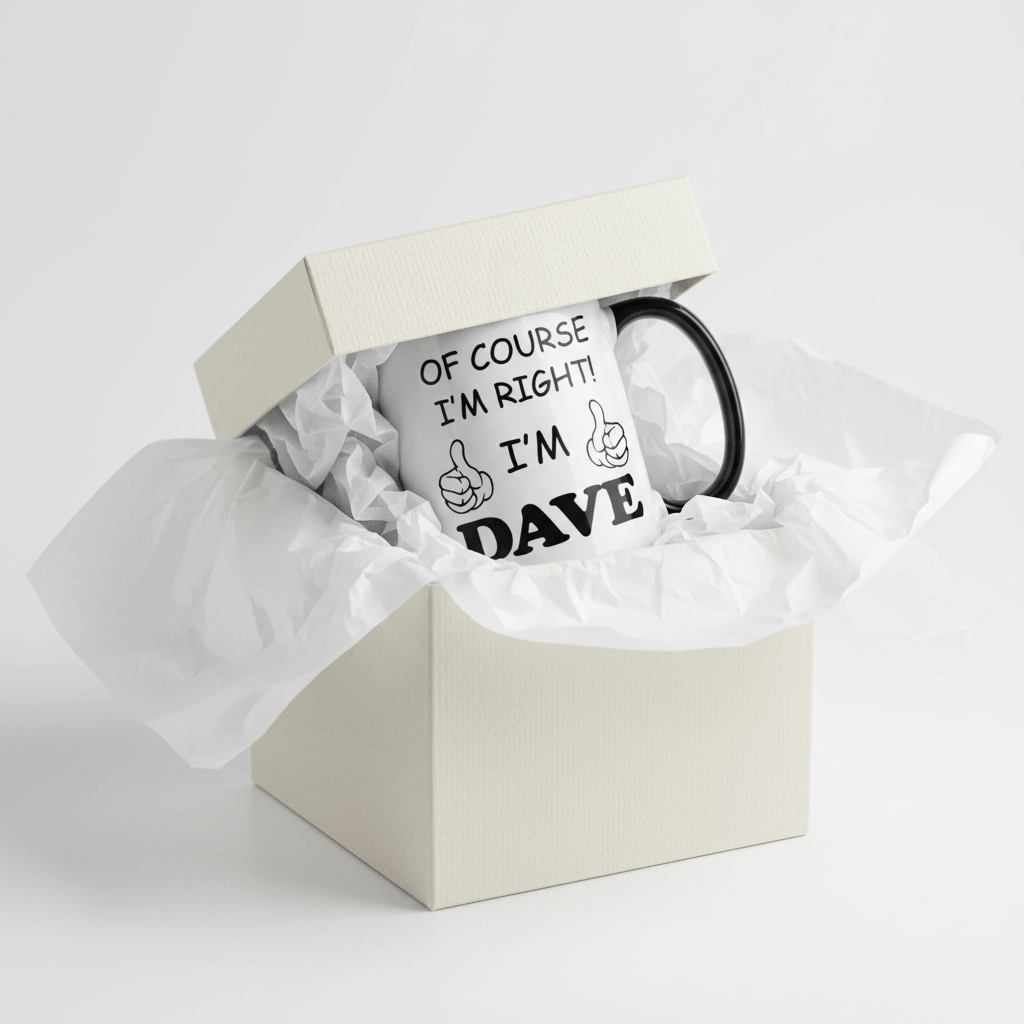 1pc Funny Personalized Name Coffee Mug “Of Course I’m Right, I’m Dave” – 11oz Ceramic Cup with Printed Text – Gift for Home, Office, Daily Use