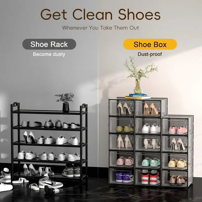 Pack of 12 Stackable Shoe Organizers Shoe Storage Boxes with Dustproof Doors, Large Shoe Boxes Transparent Foldable Shoe Storage Cabinet, Portable Space-saving Shoe Box, Under Bed Shoe Containers, Versatile Footwear Containers Holder for Entryway, Closet,