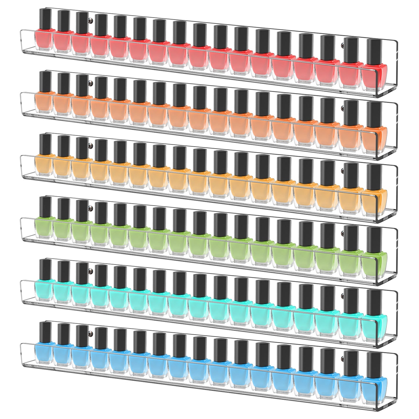 6-Pack Acrylic Nail Polish Organizer - 15" Wall Mounted Display Rack Holds 90 Bottles, Clear Floating Shelf for Makeup, Lipstick & Kids Books Storage (White)