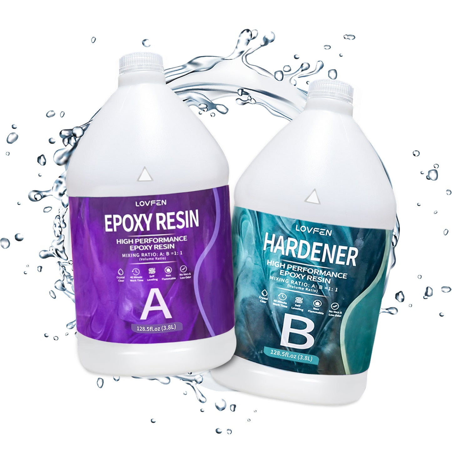 LOVFEN Epoxy Resin Kit Available in 16Oz, 32Oz, 64Oz, 3.79 L, And 7.57 L Sizes, Featuring a 1:1 Mix Ratio. This Crystal Clear Epoxy Is Ideal for Tabletops, Offering a Self-Leveling, Durable, And High-Gloss End Suitable for Casting, Resin Art