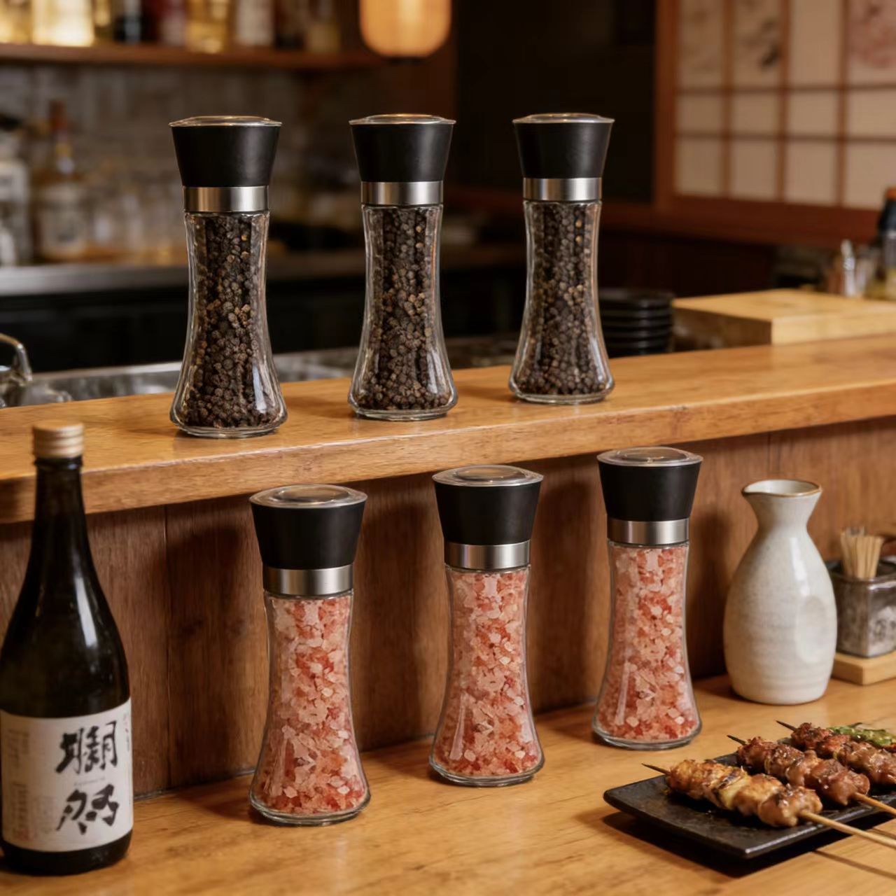 Premium 6 Pack Salt and Pepper Grinder Set Glass Body Condiment Mills with Adjustable Coarseness for Himalayan Pink Salt Peppercorns 200ml Capacity