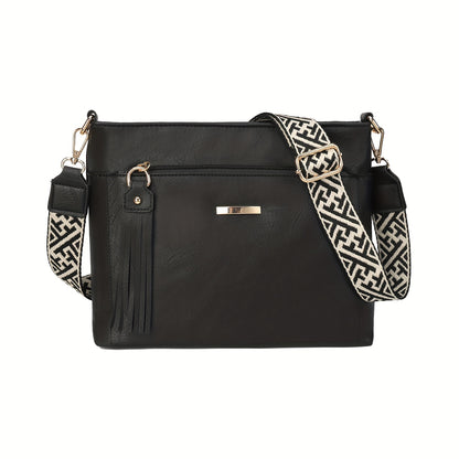 New Large-Capacity Women's Crossbody Bag with Fashionable Tassel Accessory, Wide Shoulder Strap, Contrast Color Square Bag, Simple, Casual, Versatile Commuter Single-Shoulder Underarm Bag