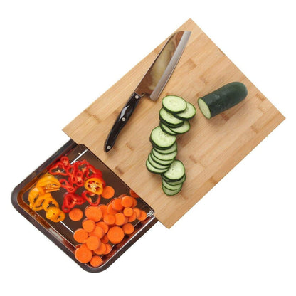 Taylor & Brown Bamboo Organic Wooden Chopping Board Cutting Slicing with Sliding Stainless Steel Tray for Food Prep, Meat, Vegetables & Bread, 35cm x 24cm x 4cm