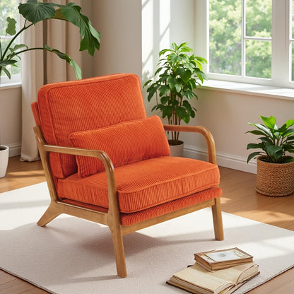 Mid-Century Modern Cloud Accent Armchair with Lumbar Pillow, 16Cm Thick Seat Cushion Cozy Lounge Chair, Wooden Armrests for Bedroom, Living Room, Reading Room