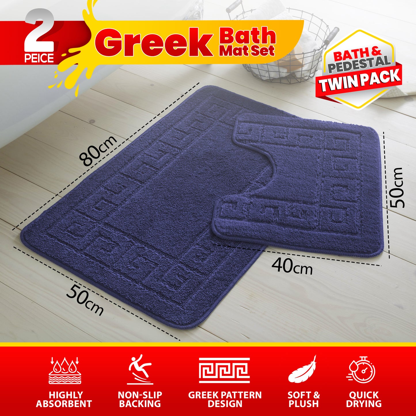 GC GAVENO CAVAILIA 2 Piece Greek Pattern Bathroom Mat Set | Soft & Plush 100% Polyester Bath Mat and Pedestal Rug | Non-Slip Backing, Highly Absorbent, Quick Drying |Machine Washable Bathroom Rugs | Ideal for Everyday Use | LOCAL WAREHOUSE | UK BRAND