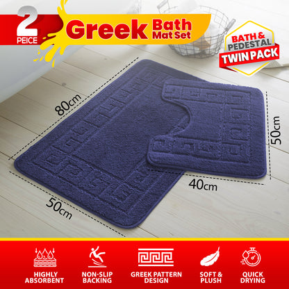 GC GAVENO CAVAILIA 2 Piece Greek Pattern Bathroom Mat Set | Soft & Plush 100% Polyester Bath Mat and Pedestal Rug | Non-Slip Backing, Highly Absorbent, Quick Drying |Machine Washable Bathroom Rugs | Ideal for Everyday Use | LOCAL WAREHOUSE | UK BRAND