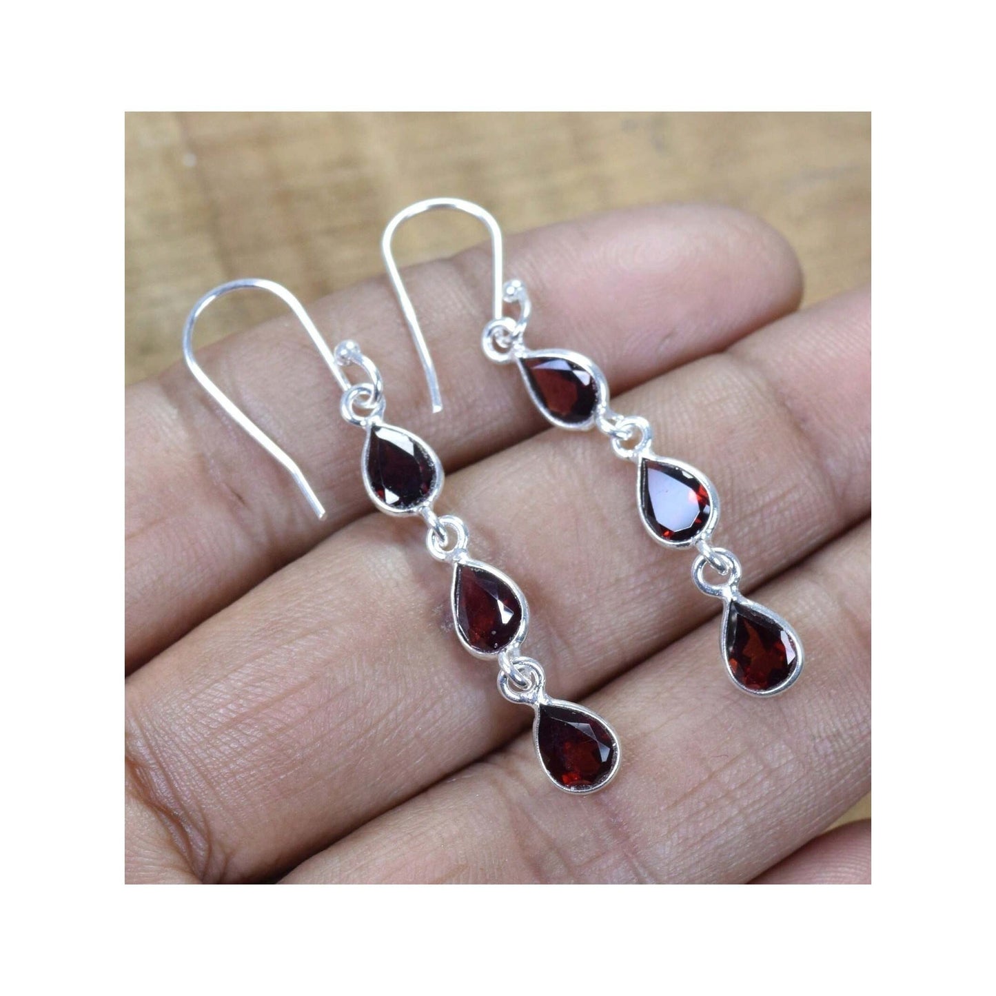925 Sterling Silver Natural Gemstone 3 stone long Earring, Bezel Set Birthstone Ring, Perfect gift
