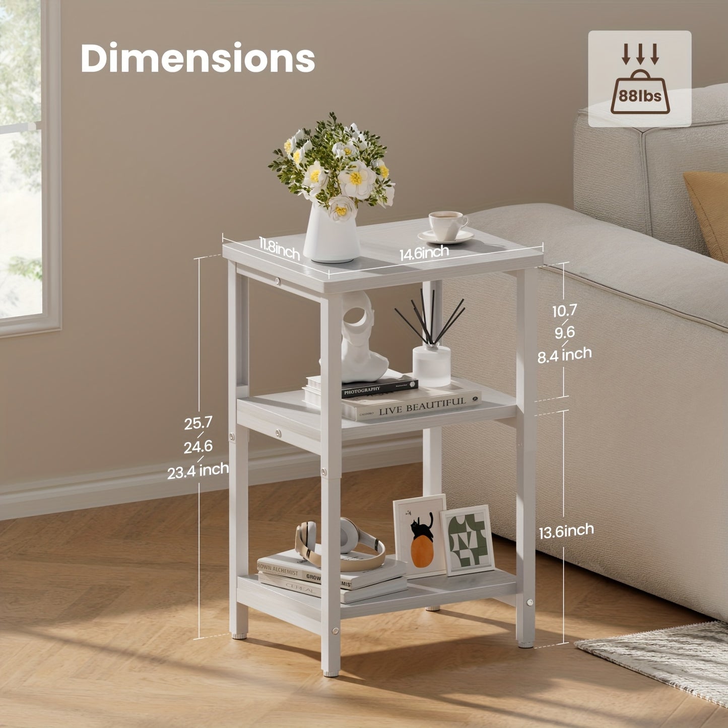 Bookshelf, Sofa Side Table Living Room, Industrial End Table With 3-Tier Storage Shelves, Bedside Tables With Height Adjustable, Steel Frame, Nightstand 37 x 30 x 59.4/62.4/65.4 cm, 4 Colors