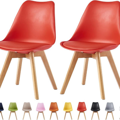 Set of 2 Retro Dining Chairs with Wooden Legs & Cushion Pad – Ergonomic Curved Backrest, Faux Leather Seat, 10 Colours, 120kg Capacity for Home, Office & Lounge