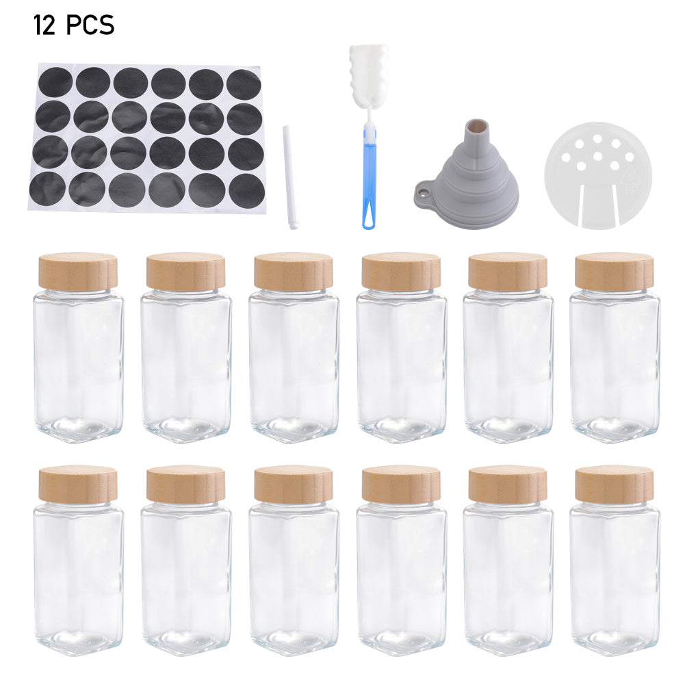 12pcs Glass Spice Jars Bamboo and Plastic Lids Storage Bottles Containers Pots Seasonings Container Canister with Shaker Lids