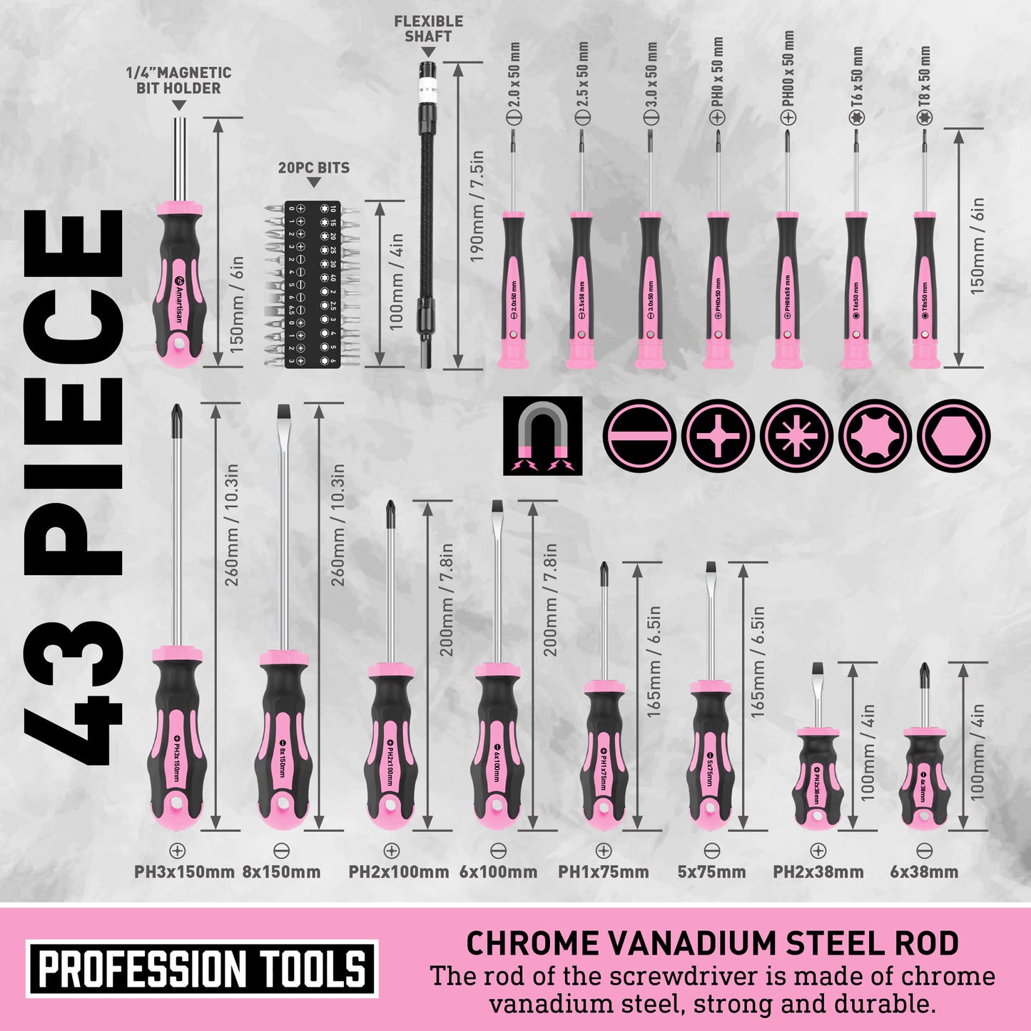 Amartisan 43pcs Magnetic Screwdriver Set with Case, Chrome Vanadium Steel, Includes Slotted, Phillips, Hex, Pozidriv, Torx & Precision Screwdrivers, Magnetizer/Demagnetizer, Flexible Shaft for Home Repair, DIY & Professional Use