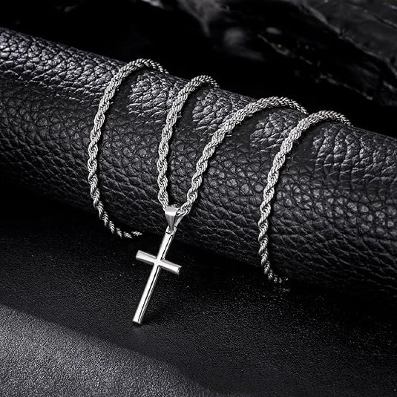 925 Sterling Silver Solid(Total Weight Of The Product (7g) Cut Beveled Edge Rope Chain Cross Pendant Necklace, Nickel And Lead Free- Stylish And Durable Design- Sterling Silver Construction- The Perfect Gift for All Occasions, Gift Box