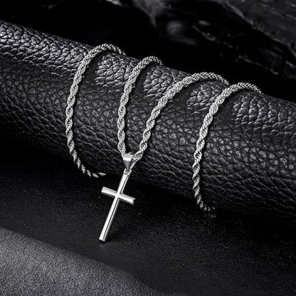 925 Sterling Silver Solid(Total Weight Of The Product (7g) Cut Beveled Edge Rope Chain Cross Pendant Necklace, Nickel And Lead Free- Stylish And Durable Design- Sterling Silver Construction- The Perfect Gift for All Occasions, Gift Box