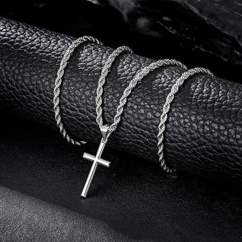 925 Sterling Silver Solid(Total Weight Of The Product (7g) Cut Beveled Edge Rope Chain Cross Pendant Necklace, Nickel And Lead Free- Stylish And Durable Design- Sterling Silver Construction- The Perfect Gift for All Occasions, Gift Box