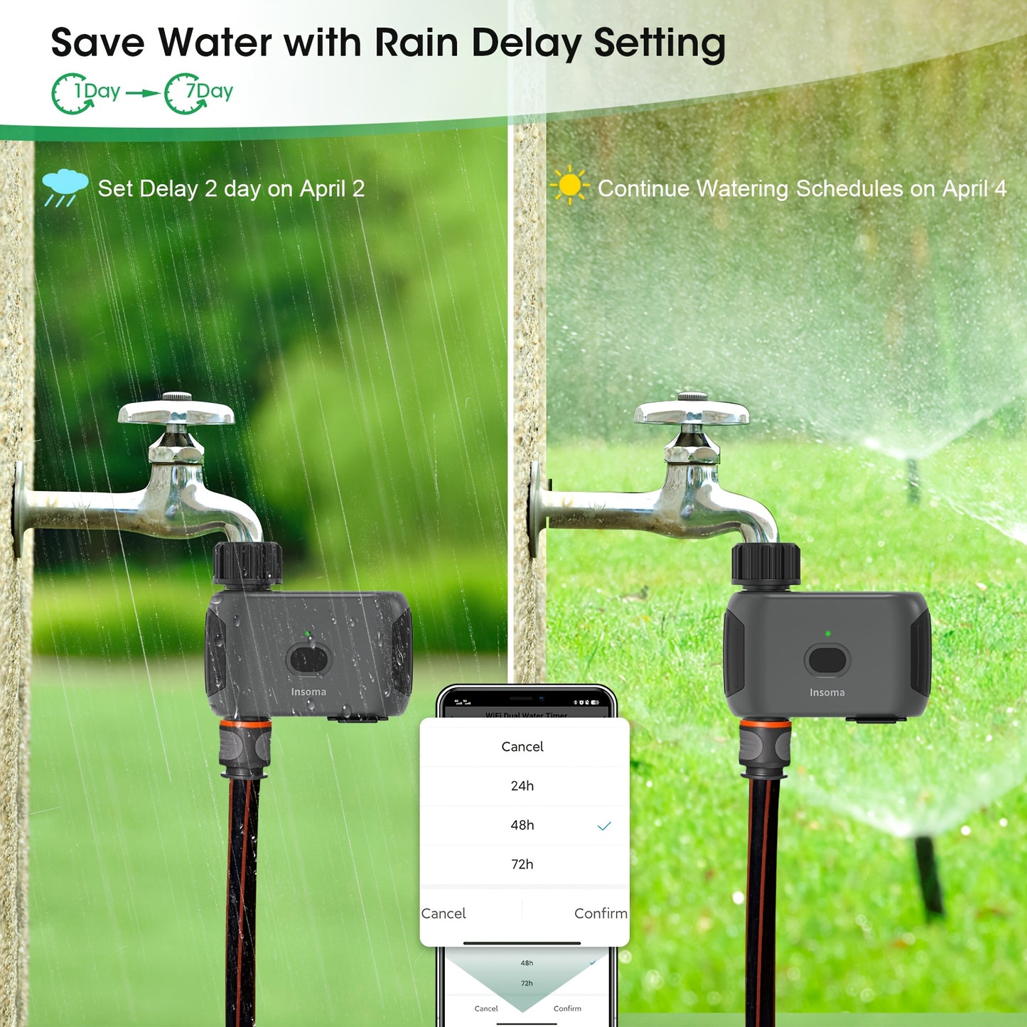 INSOMA Smart Wifi Watering Timer, with APP Control, Rain Delay, IP55, Sprinkler Timer for Lawn, Garden, Greenhouse, 3/4" Faucet