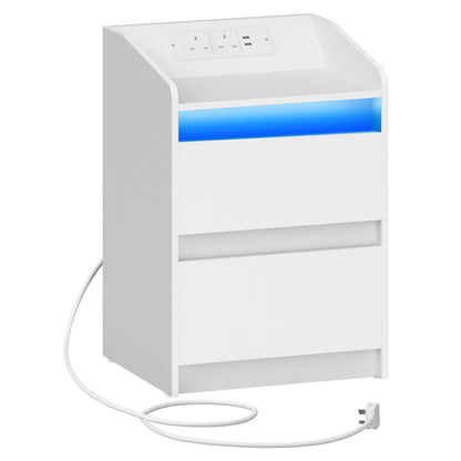 Bedside Table with LED Lights & Charging Station – 2 Drawer Nightstand with USB Ports & Power Outlets, White, Compact 35x40x58cm Bedroom Side Table with Remote Control