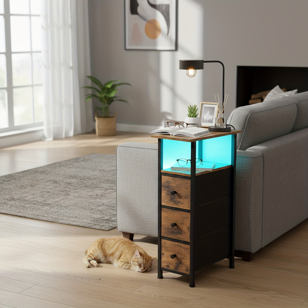 AMHANCIBLE 1/2pcs Narrow Side Table with 3 Fabric Drawers, Open Storage Shelf with Light Strip And Charging Station for  Space, Metal Frame, Rustic Brown, Black