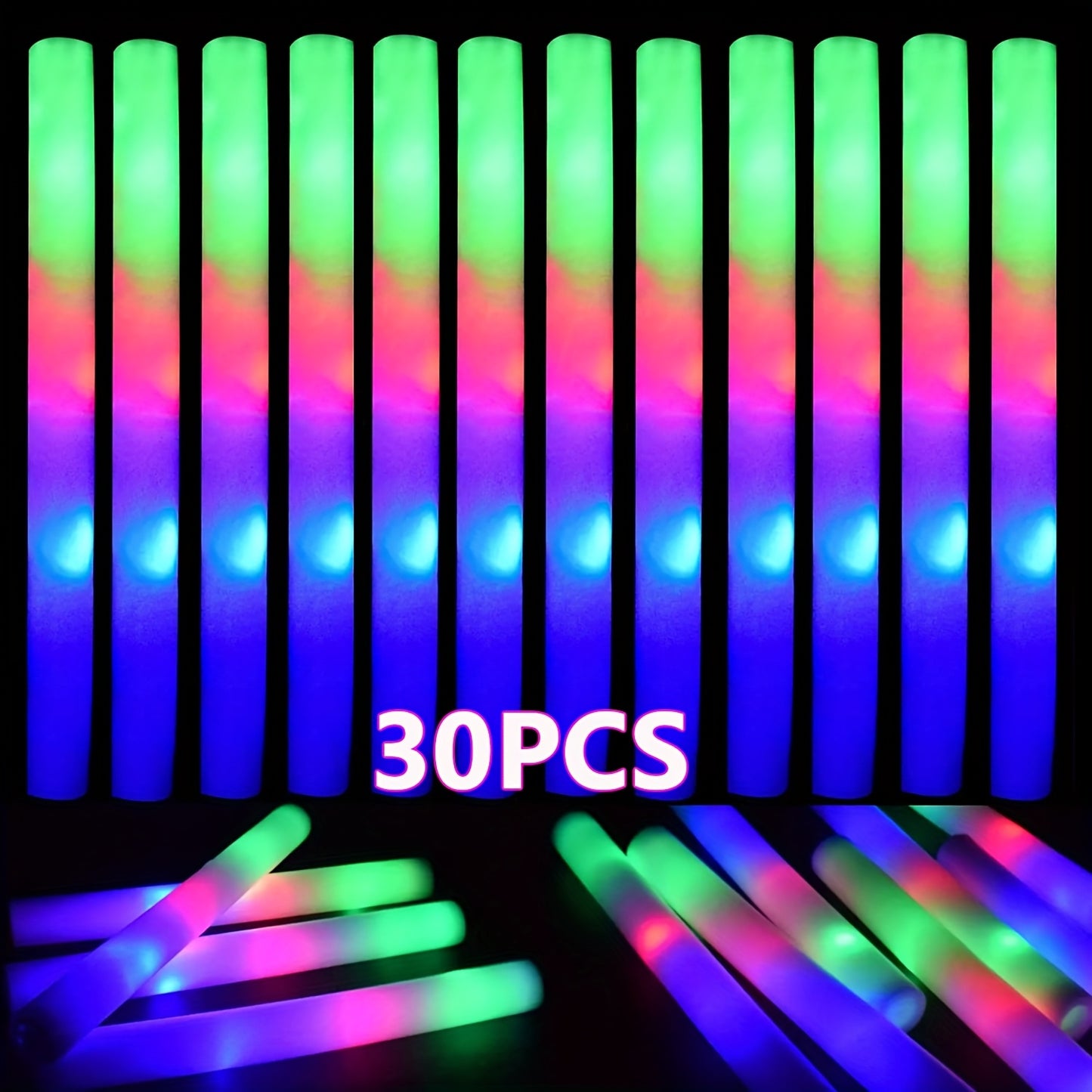 Bulk Pack of 30 LED Foam Light Sticks - Flashing Party Favors in Three Colors for Weddings, Sports Events, Concerts, Camping, And Glow Celebrations