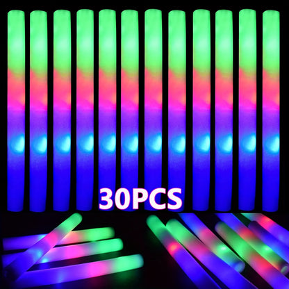 Bulk Pack of 30 LED Foam Light Sticks - Flashing Party Favors in Three Colors for Weddings, Sports Events, Concerts, Camping, And Glow Celebrations
