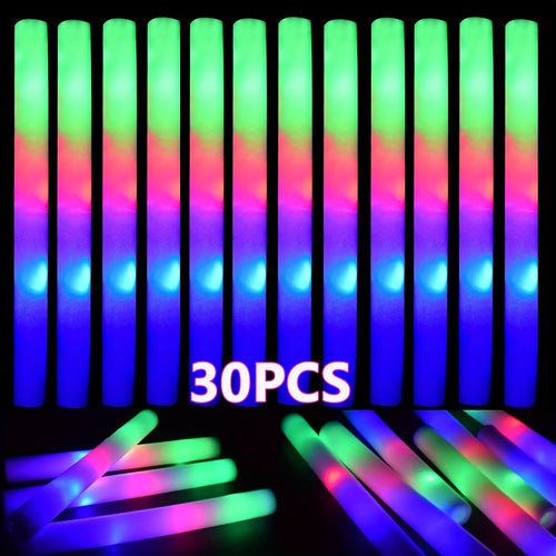 Bulk Pack of 30 LED Foam Light Sticks - Flashing Party Favors in Three Colors for Weddings, Sports Events, Concerts, Camping, And Glow Celebrations