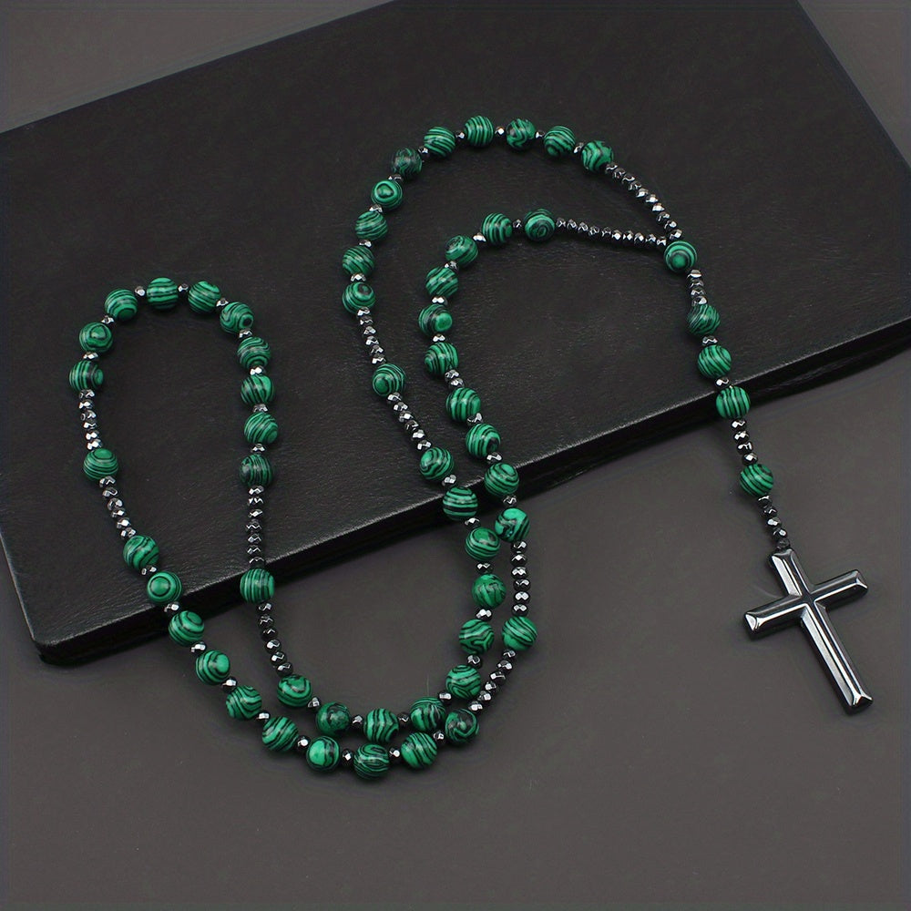 1pc Fashion Vintage Style Jewelry Round Bead Malachite Black Howlite Cross Religious Prayer Beads Men's Long Necklace for Daily Wear