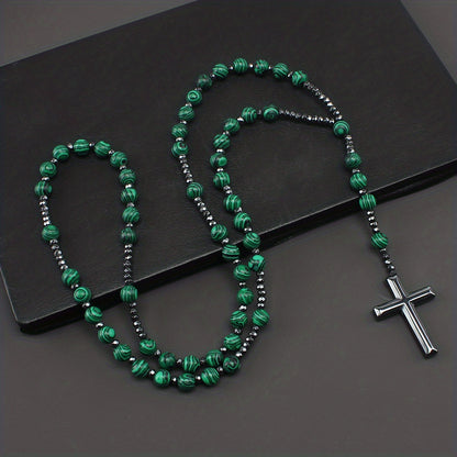 1pc Fashion Vintage Style Jewelry Round Bead Malachite Black Howlite Cross Religious Prayer Beads Men's Long Necklace for Daily Wear