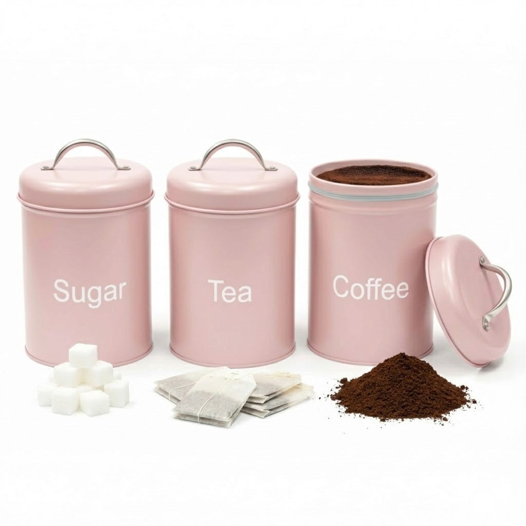 ADEPTNA 3pcs Tea Coffee Sugar Canister Set Airtight Metal Kitchen Storage Jars with Lids Durable Round Food Containers Easy Clean, Minimal Modern Design for Home, Office & Camping