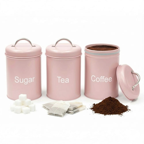 ADEPTNA 3pcs Tea Coffee Sugar Canister Set Airtight Metal Kitchen Storage Jars with Lids Durable Round Food Containers Easy Clean, Minimal Modern Design for Home, Office & Camping