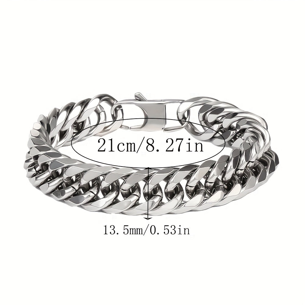 2pcs Set 13.5Mm Wide 304 304 304 Stainless Steel Bracelet And Necklace Set, Hip-Hop Trendy Cuban Chain Necklace And Bracelet Jewelry Set, Men'S And Women'S Fashion Jewelry Gifts, Exaggerated Necklace And Bracelet, Very Thick