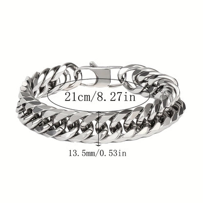 2pcs Set 13.5Mm Wide 304 304 304 Stainless Steel Bracelet And Necklace Set, Hip-Hop Trendy Cuban Chain Necklace And Bracelet Jewelry Set, Men'S And Women'S Fashion Jewelry Gifts, Exaggerated Necklace And Bracelet, Very Thick