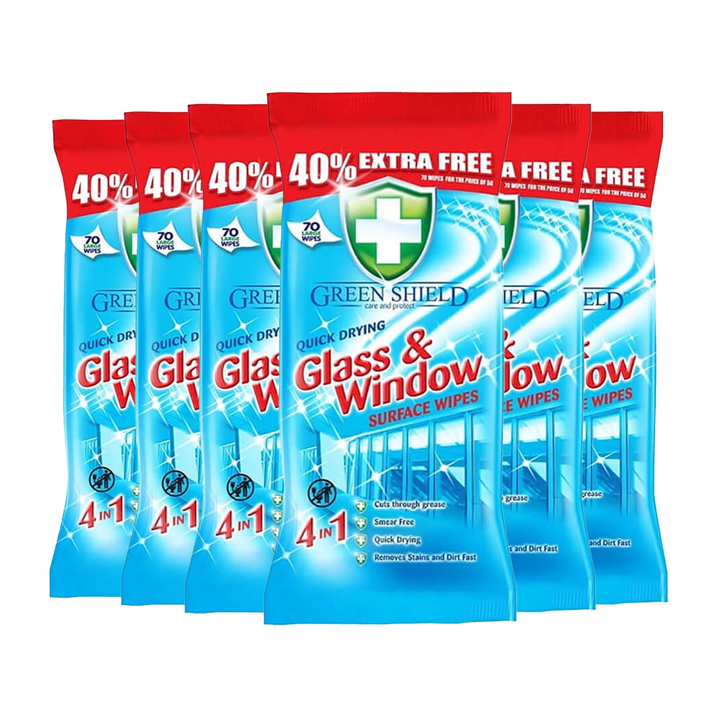 6 Pack Green Shield Quick Drying Glass & Window Surface Wipes, 70 Wipes Each