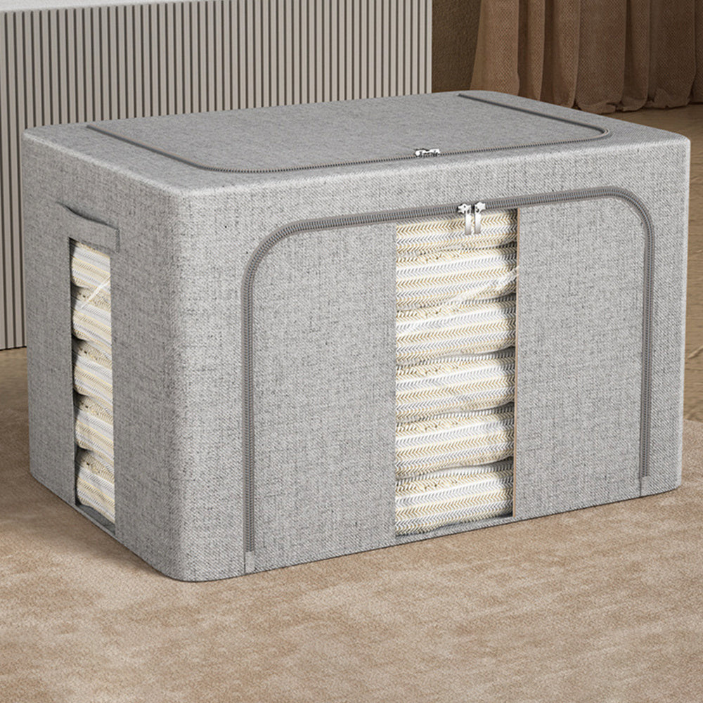 66L Foldable Storage Box with Clear Windows - Extra Thick Cotton Linen Fabric Organizer Bins | Space-Saving Stackable Design for Clothes, Blankets & Bedding Storage (Zipper Closure, Wardrobe Essential)