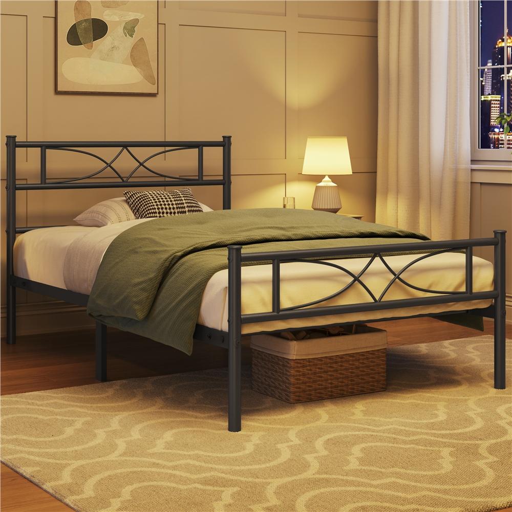 Curved Headboard Metal Bed Frame Platform Bed Vintage Style Built-in Steel Slats 32cm Underbed Storage No Box Spring Needed Single Double King Black White