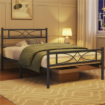 Curved Headboard Metal Bed Frame Platform Bed Vintage Style Built-in Steel Slats 32cm Underbed Storage No Box Spring Needed Single Double King Black White