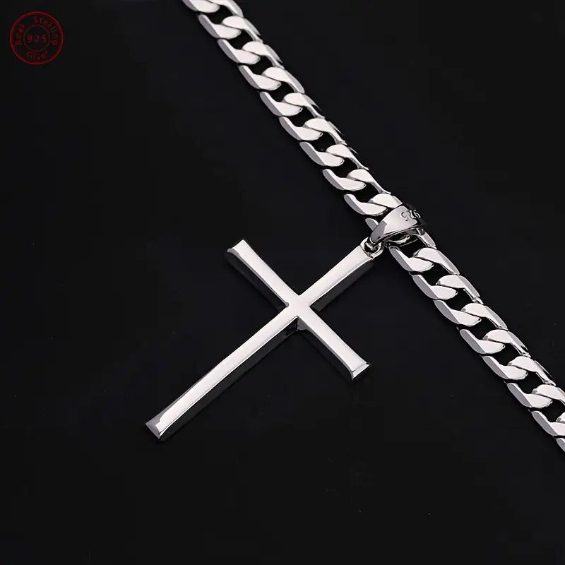925 Sterling Silver Solid Cut 5mm Cuban Chain Cross Pendant Necklace, Hip Hop Trend, Birthday Gift, Everyday Gift, Valentine's Day Gift, Perfect for Celebration, Party, Dating, Comes with A Gift Box, Hip Hop Jewelry, Celebration Necklace, Statement Neckla