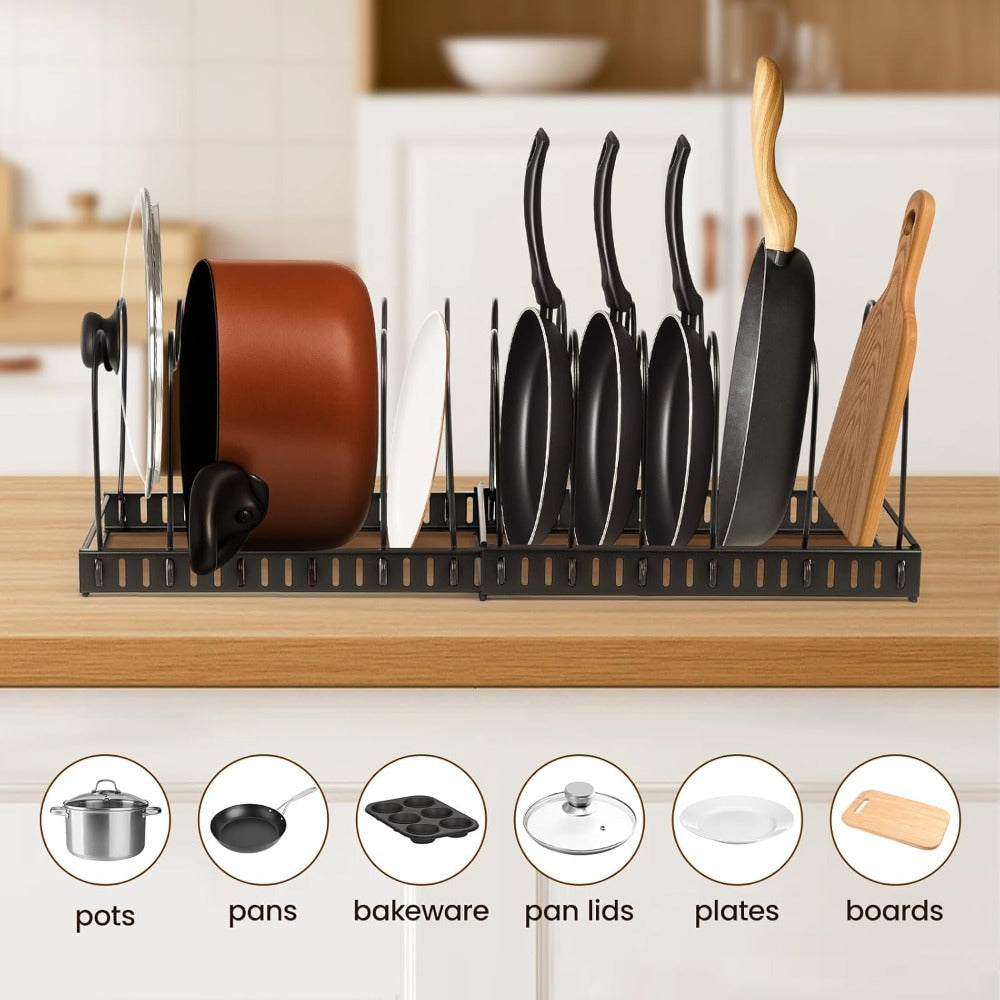 1 Set Pot and Pan Organizer Rack with 10 Adjustable Dividers – Expandable Kitchen Cabinet Storage for Lids, Dishes, Cookware – Bakeware Rack for RV & Home