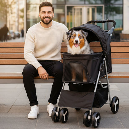 Foldable Pet Stroller With Rain Cover, Portable Foldable Outdoor Walking Cart with Large Space, Hand-Pull Design, Durable Oxford Fabric, Ergonomic Handle & Ventilation Mesh, Lightweight & Sturdy Frame For Small To Medium Dogs - Outdoor Pet Carrier, Modern