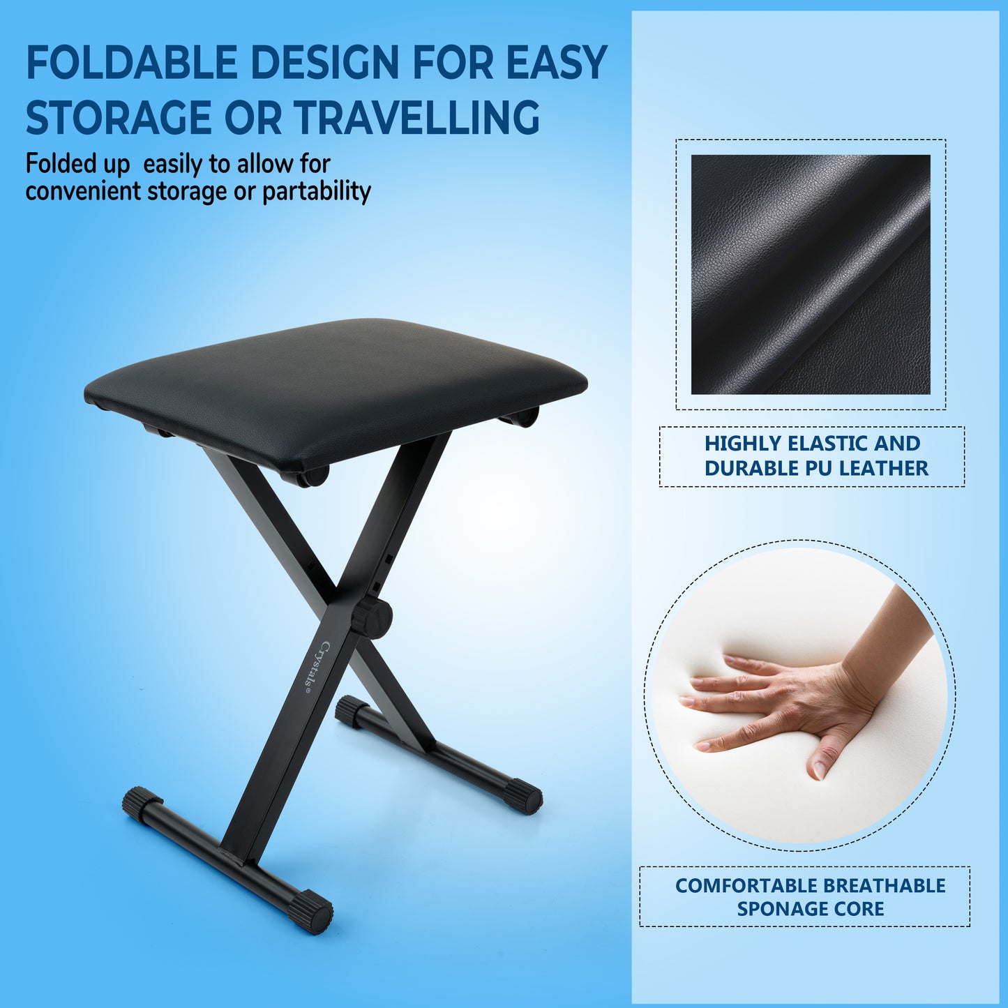 Folding Black Music Piano Stool Fully Adjustable Height Pro X Frame Keyboard Bench Seat - Non Slip Feet