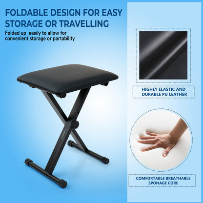 Folding Black Music Piano Stool Fully Adjustable Height Pro X Frame Keyboard Bench Seat - Non Slip Feet