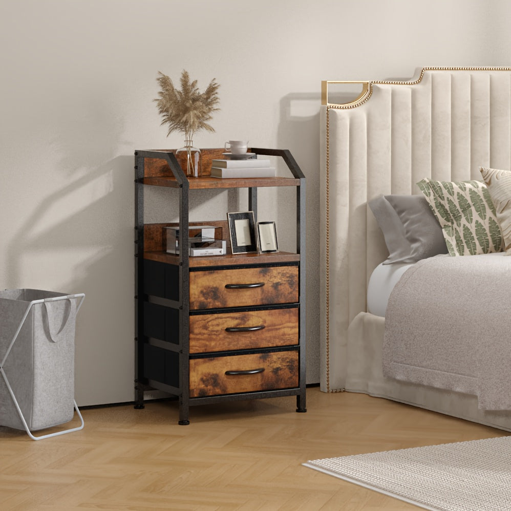 Modern End Table with 3 Fabric Drawers & 2 Open Shelves - Metal Frame Bedside Table, Light Beige Finish, 68.58cm Height, 3, 2 Cu Ft Storage, Easy Assembly for Bedroom & Living Room, Bedroom Nightstand, Contemporary Design, Sturdy Construction, Minimalist