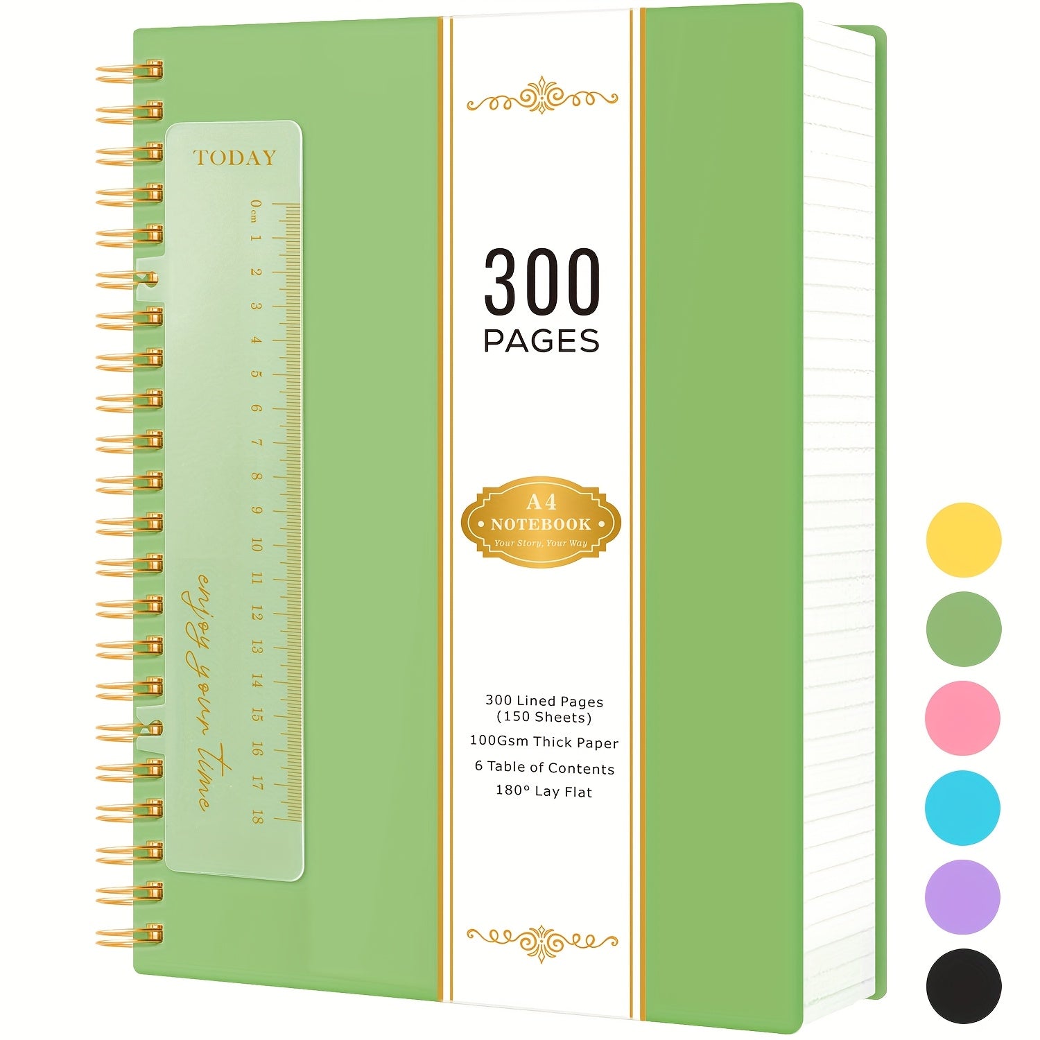 A4 Spiral Notebook Pages Notepad Bookmark Ruler, 100GSM Lined with 28.5cm - Green option