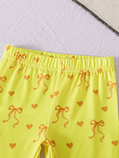 2pcs Set of Casual Loose-fitting Round-neck Short-sleeve T-shirt and Shorts for Girls Aged 1-6, Featuring Cute Heart and Bowknot Prints, Suitable for Daily Wear, Outings, Home, and School in Spring and Summer, Perfect for Outdoor