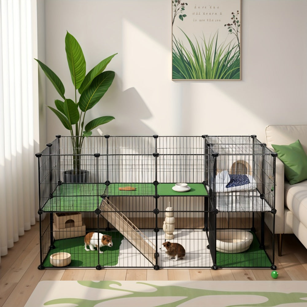 Two-Storey Metal Pet Playpen 36 Grid Panels 143x73x71cm – Indoor Small Animal Cage for Guinea Pigs Rabbits & Hamsters, Includes Mallet, Black or White