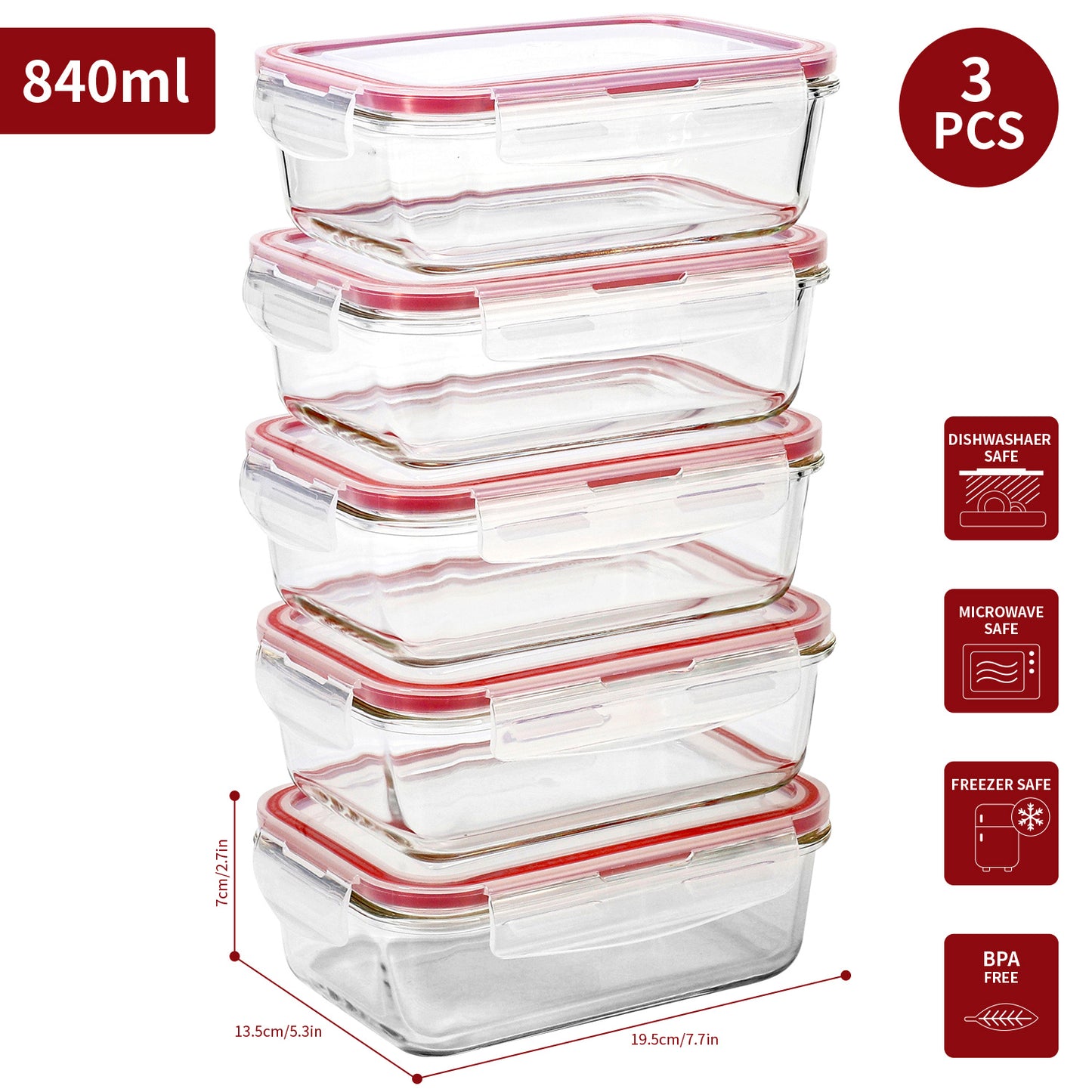 Vinsani Glass Food Storage 5 Pack 840ML Containers Rectangle Food Meal Prep Lunch Boxes with Lids Airtight Heat Resistant Leakproof Lid BPA-Free Dishwasher Microwave Freezer Safe