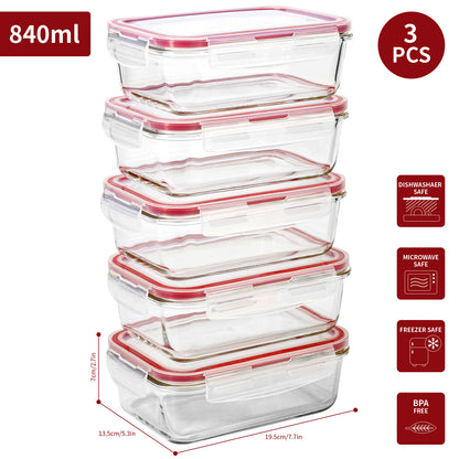 Vinsani Glass Food Storage 5 Pack 840ML Containers Rectangle Food Meal Prep Lunch Boxes with Lids Airtight Heat Resistant Leakproof Lid BPA-Free Dishwasher Microwave Freezer Safe
