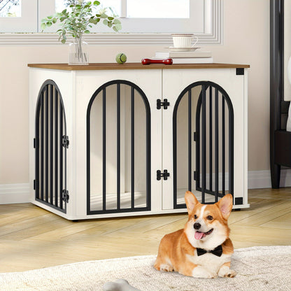Dog Crate Furniture, 68cm Wooden Dog Crate, Indoor Kennel for Small Dogs, End Side Table Animal Crates, Anti-Chew, Anti-Escape, Arched Door Design, White Brown